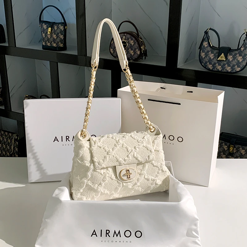 AIRMOO/艾姆轻奢真皮包包女士高级感链条斜挎包时尚小众腋下包