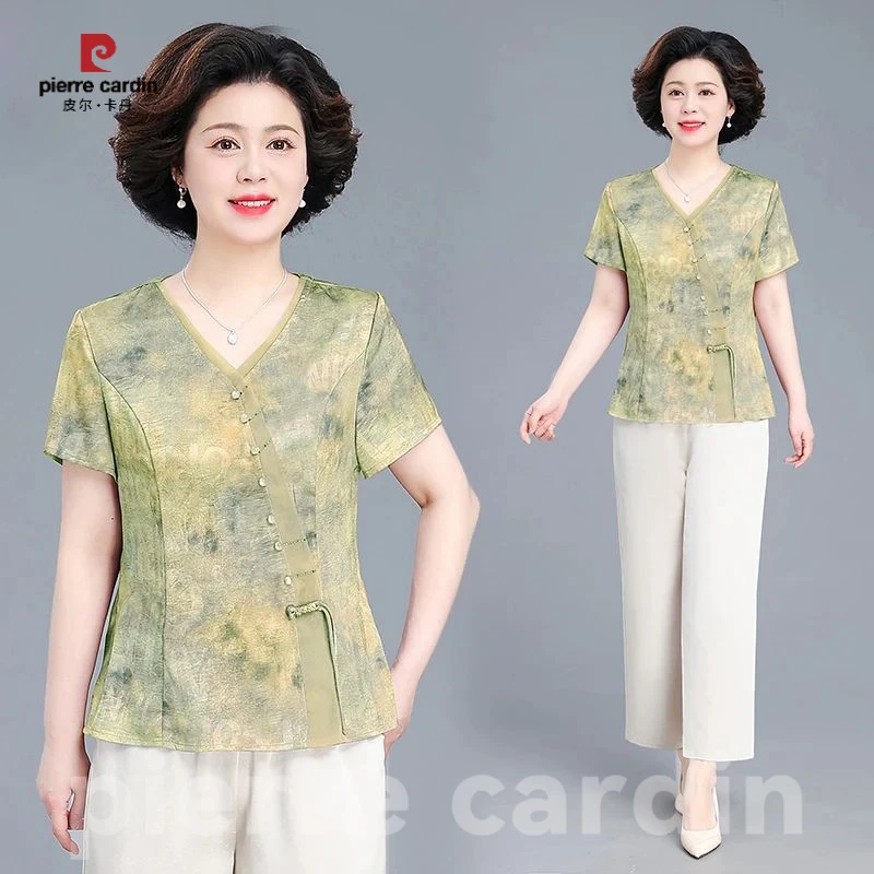 皮尔卡丹新中式国风衬衫女夏季新款中老年妈妈装宽松显瘦V领两件