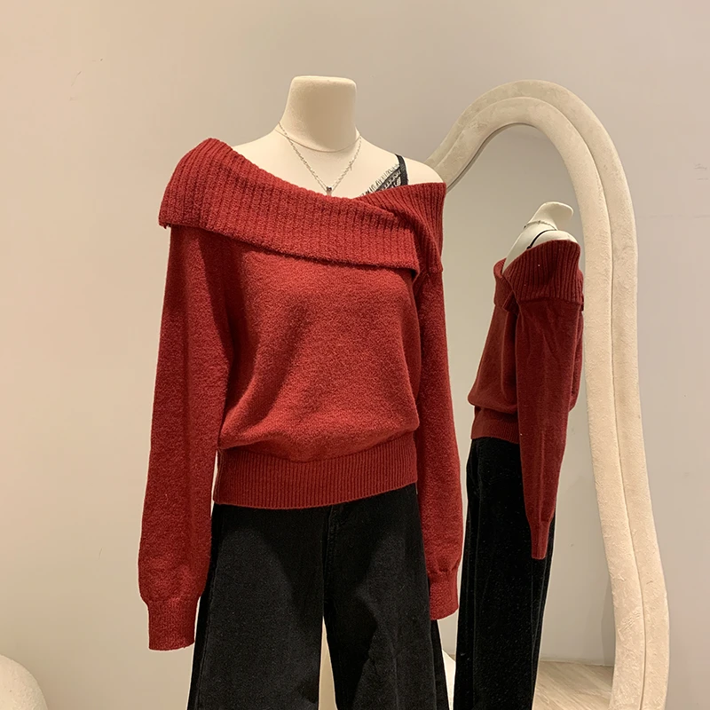 法式高级感假两件针织衫毛衣秋冬独特别致斜角露肩女慵懒长袖上衣