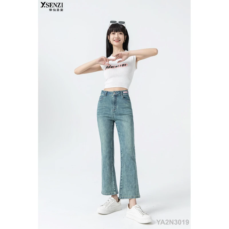 依仙圣姿YA2N3019牛仔女裤2025夏新款高腰显瘦弹力九分微喇鱼尾裤