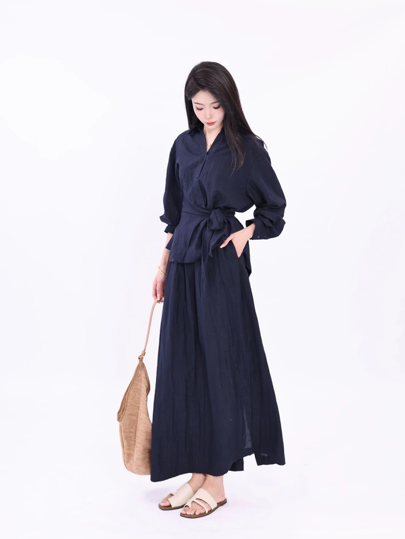 【DAZIQI】慵懒休闲老钱风系带衬衫+显瘦半身长裙套装QI1963024