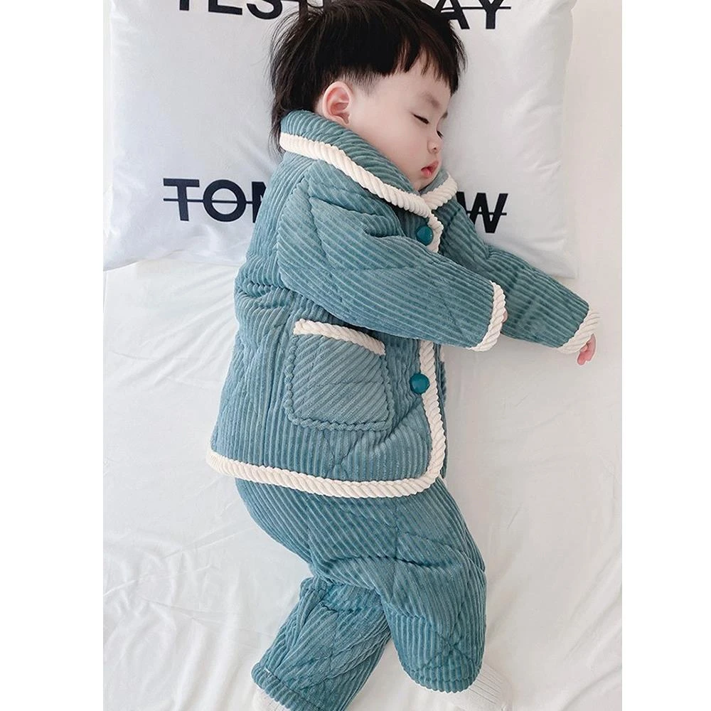潮走宝宝睡衣冬季三层夹棉加绒加厚款男童睡袄儿童法兰绒珊瑚绒居