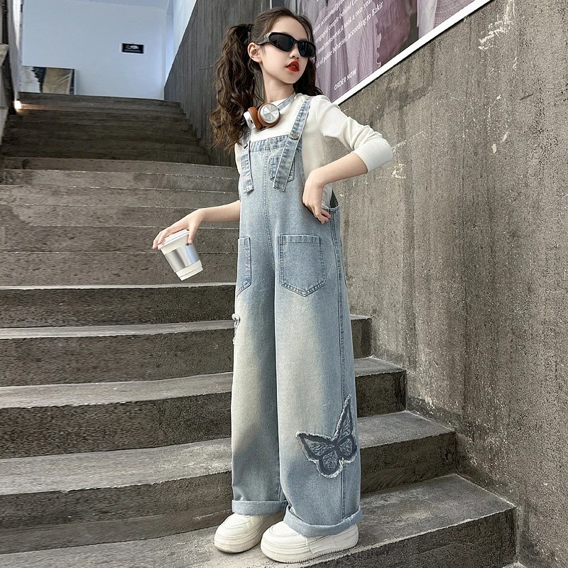 女童牛仔背带裤套装春装2025新款洋气中大儿童韩版休闲两件套春秋