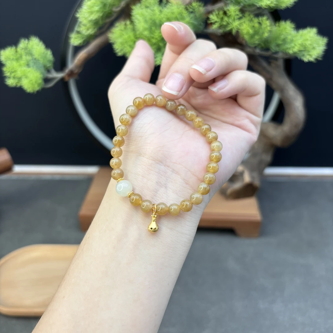 单圈和田玉糖料卡6MM搭配圆珠钱袋吊坠手串复古小众简约Y13739