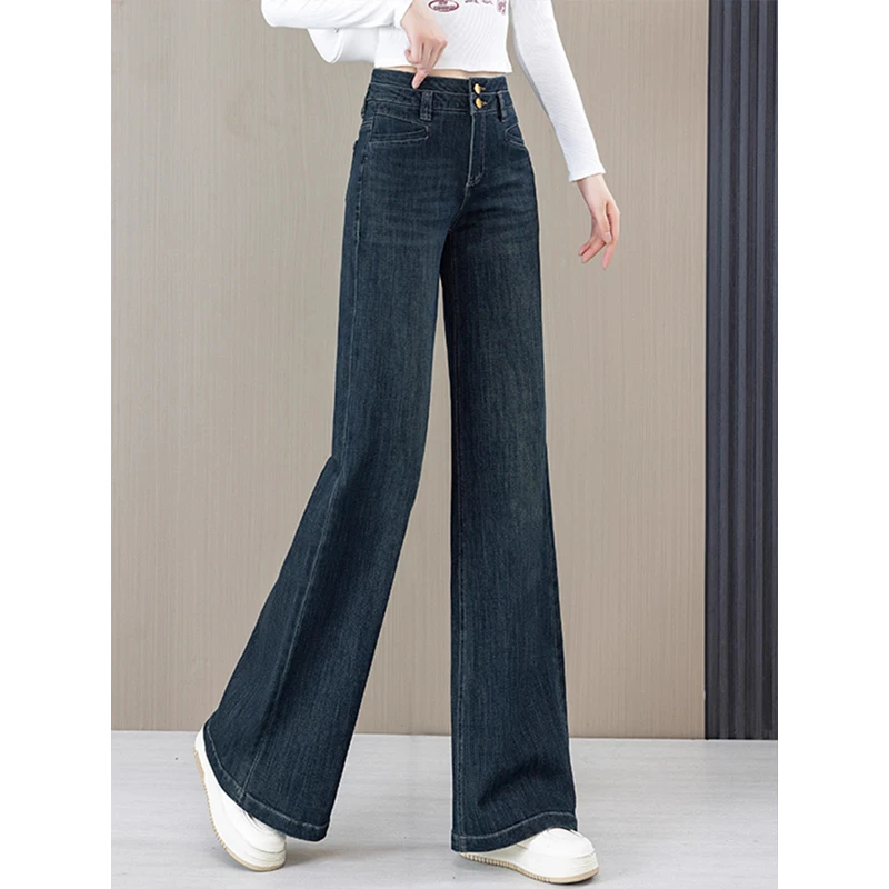 拉夏贝尔加绒加厚高腰复古牛仔阔腿裤女秋冬季2025新款微喇长裤子