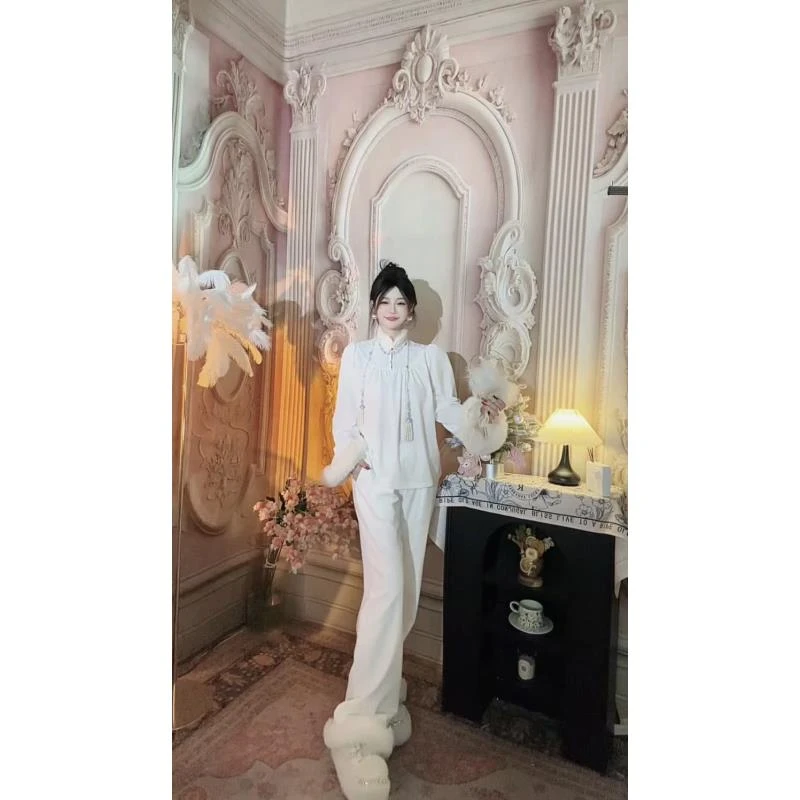 【崔】K0055 法式时尚阔腿裤拼接毛毛减龄网红显瘦长裤