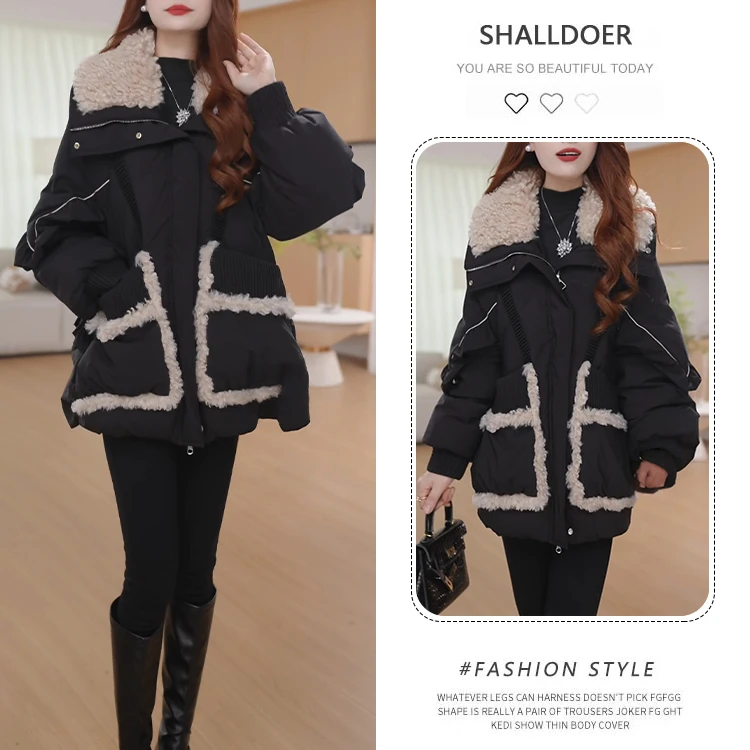 2025冬季新款韩版时尚高级感纯色百搭棉服女小众洋气翻领通勤外套