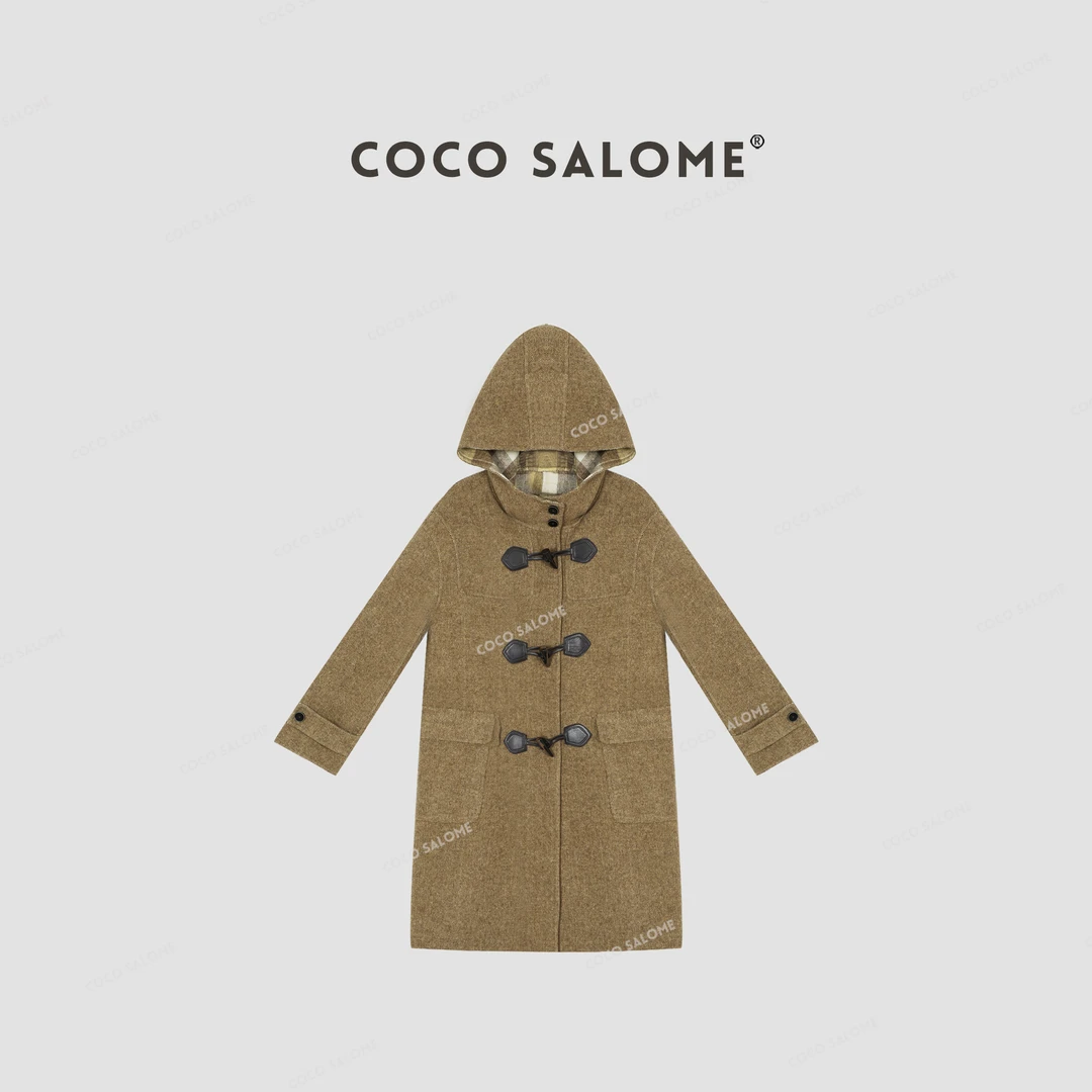 COCO SALOME⒃【牛角大衣】100绵羊毛格纹牛角扣复古中长款大衣0912