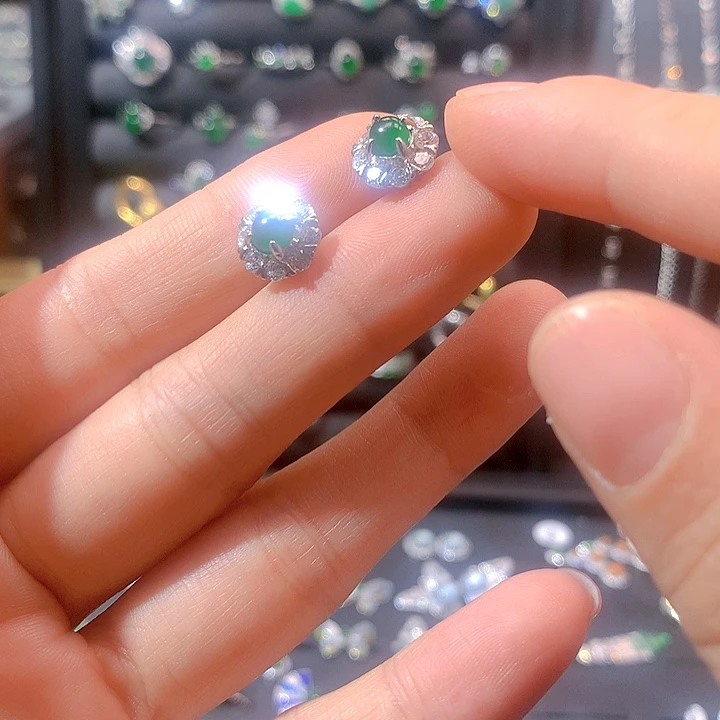 翡翠戒指银S925镶嵌耳钉