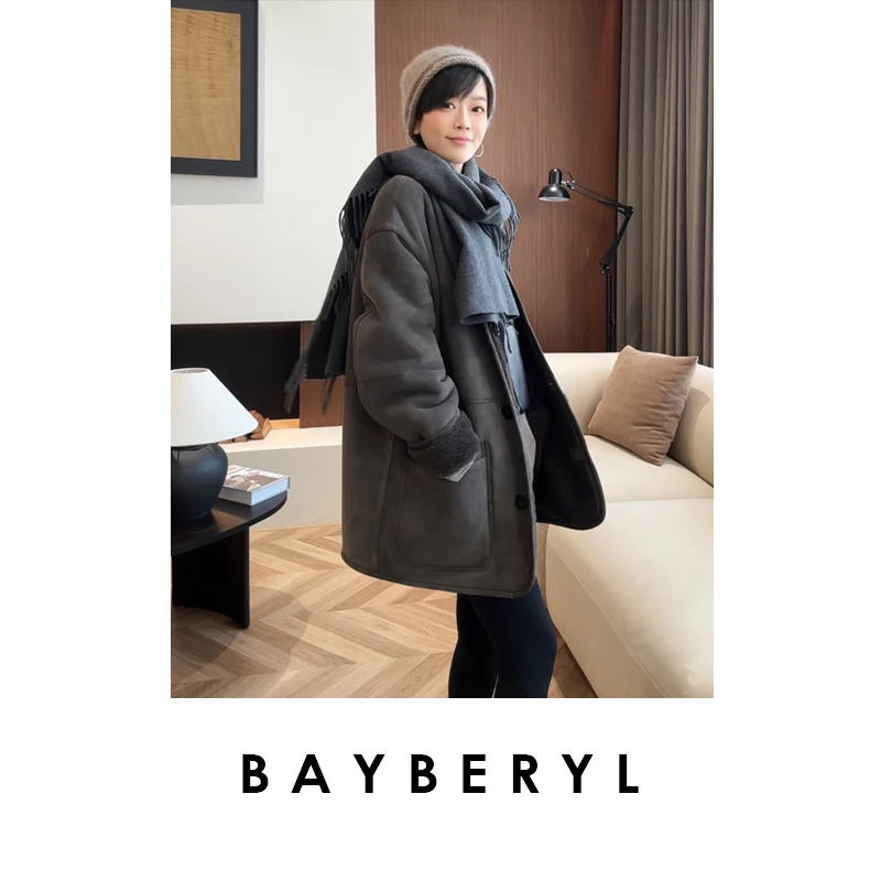 BAYBERYL老贝大溪地*灰两穿美利奴立领排扣一体皮衣PY5H2542-8/31