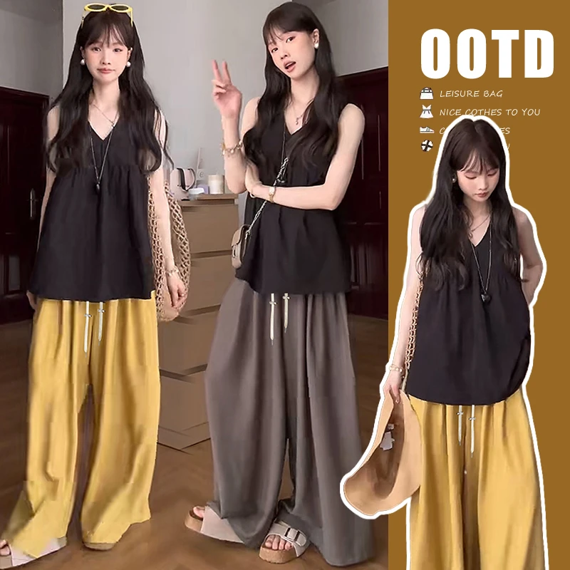 孕妇装黑色无袖背心衬衫夏季薄款法式显瘦上衣棉麻裤子两件套装女