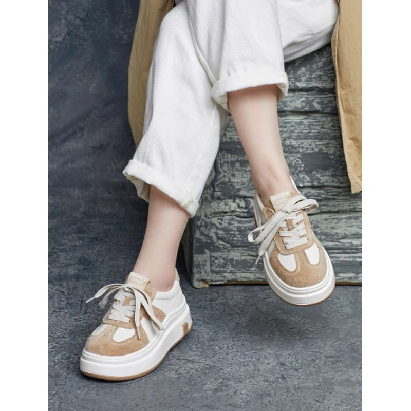 2025（C3）春季新款真皮圆头系带拼色单鞋女底休闲板鞋小白鞋25852