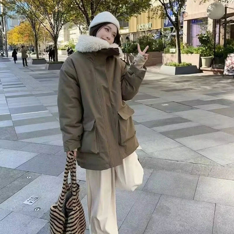 羊羔绒毛外套女冬季2025新款美式宽松中长款加绒加厚工装派克棉服