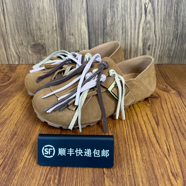 微瑕福利真皮软底平跟女鞋复古流苏勃肯鞋一脚蹬懒人单鞋豆豆鞋子