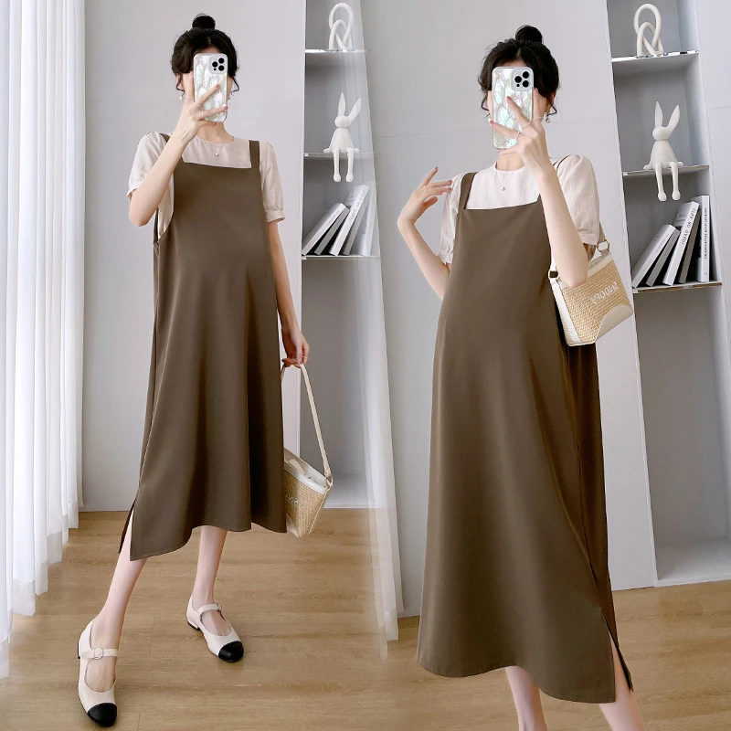 孕妇2025夏季新款大码宽松时尚显瘦背带假两件拼接孕妇连衣裙