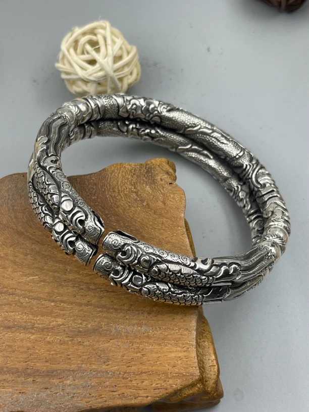 足银手镯 精工双响环龙镯高端大气个性纯手工实心复古经典