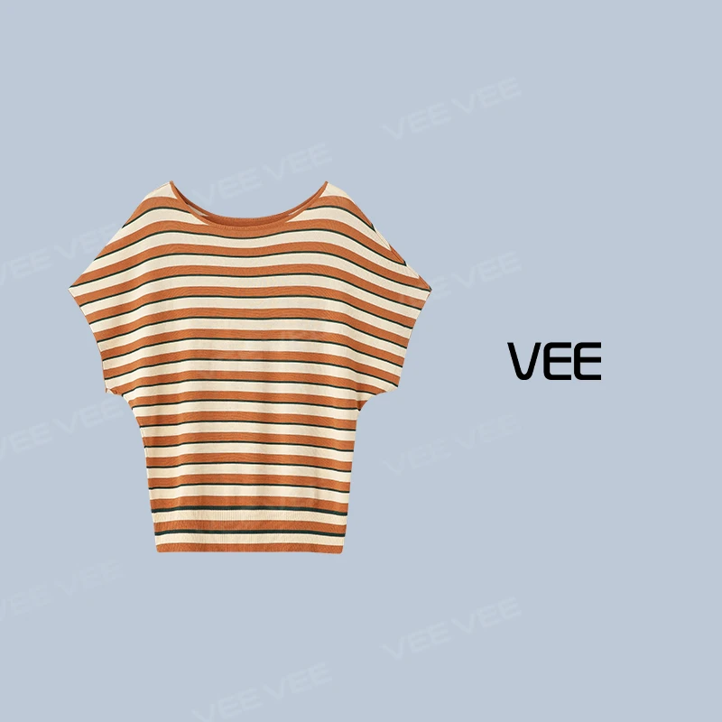 VEE【魅力针织】25夏新品时尚百搭条纹撞色蝙蝠袖女人味针织套头衫