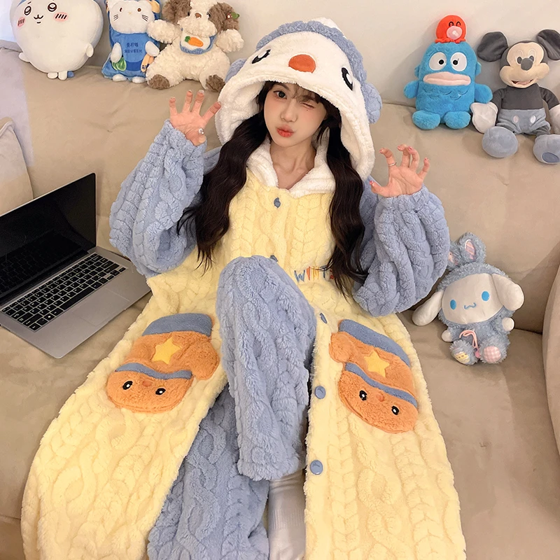 睡衣女秋冬款2025新款珊瑚绒加绒加厚睡袍卡通连帽保暖浴袍家居服