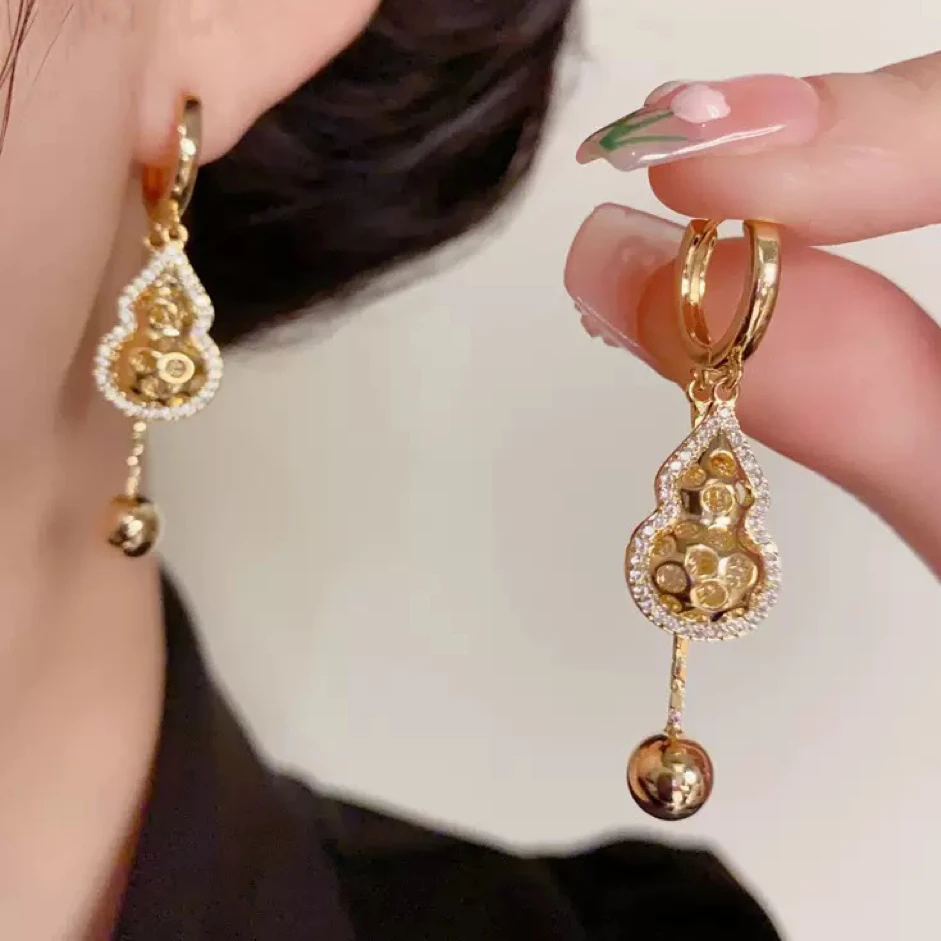 铜合金合成锆石耳饰 新中式气质重工镂空金属葫芦流苏耳扣1459