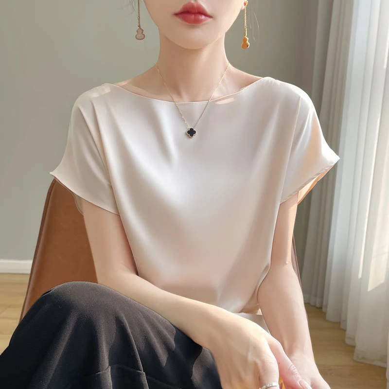 【莱赛尔天丝】~丝绸缎面女一字领套头夏季新款纯色洋气上衣百搭A35