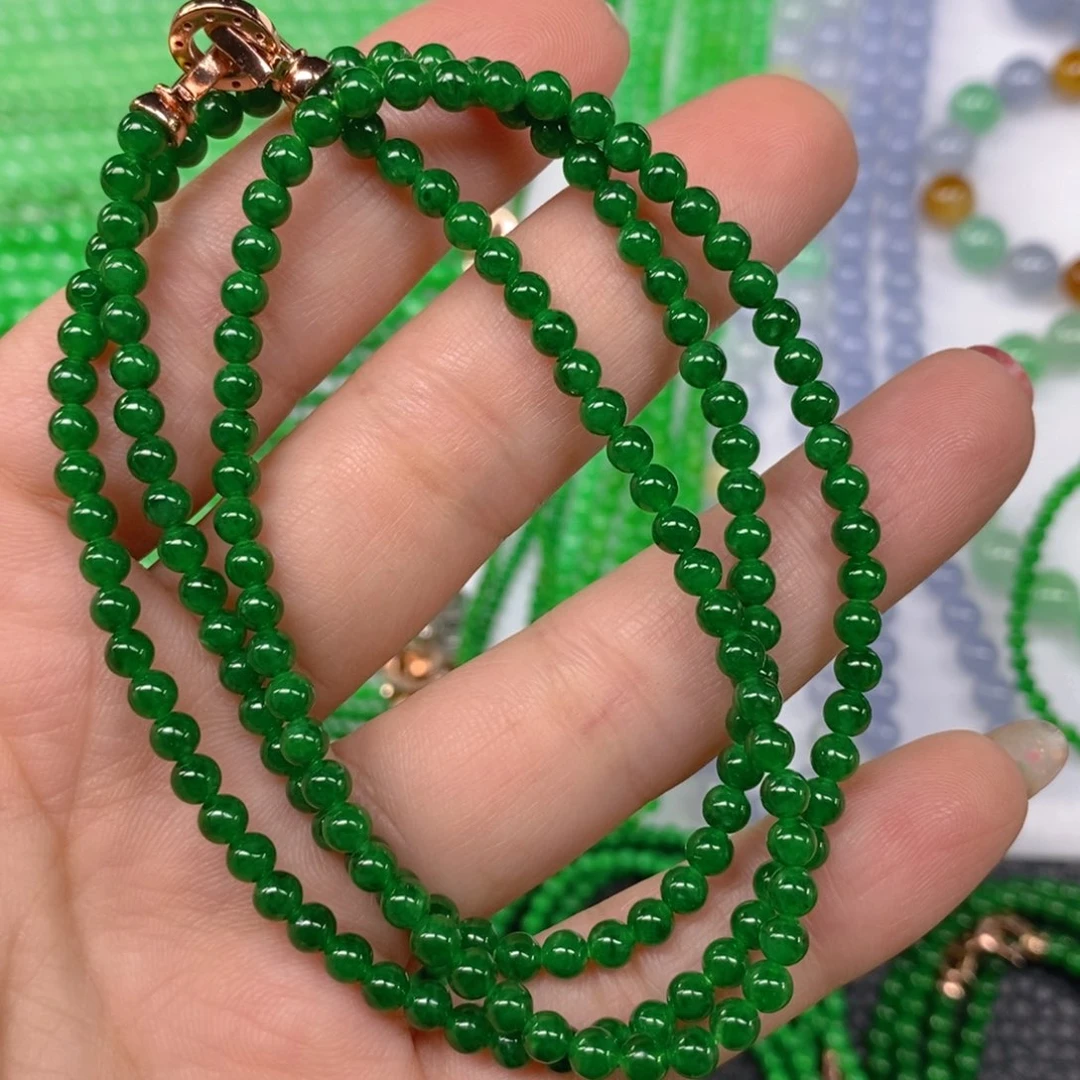 颈饰未镶嵌翡翠缅甸天然翡翠辣绿小米珠项链4