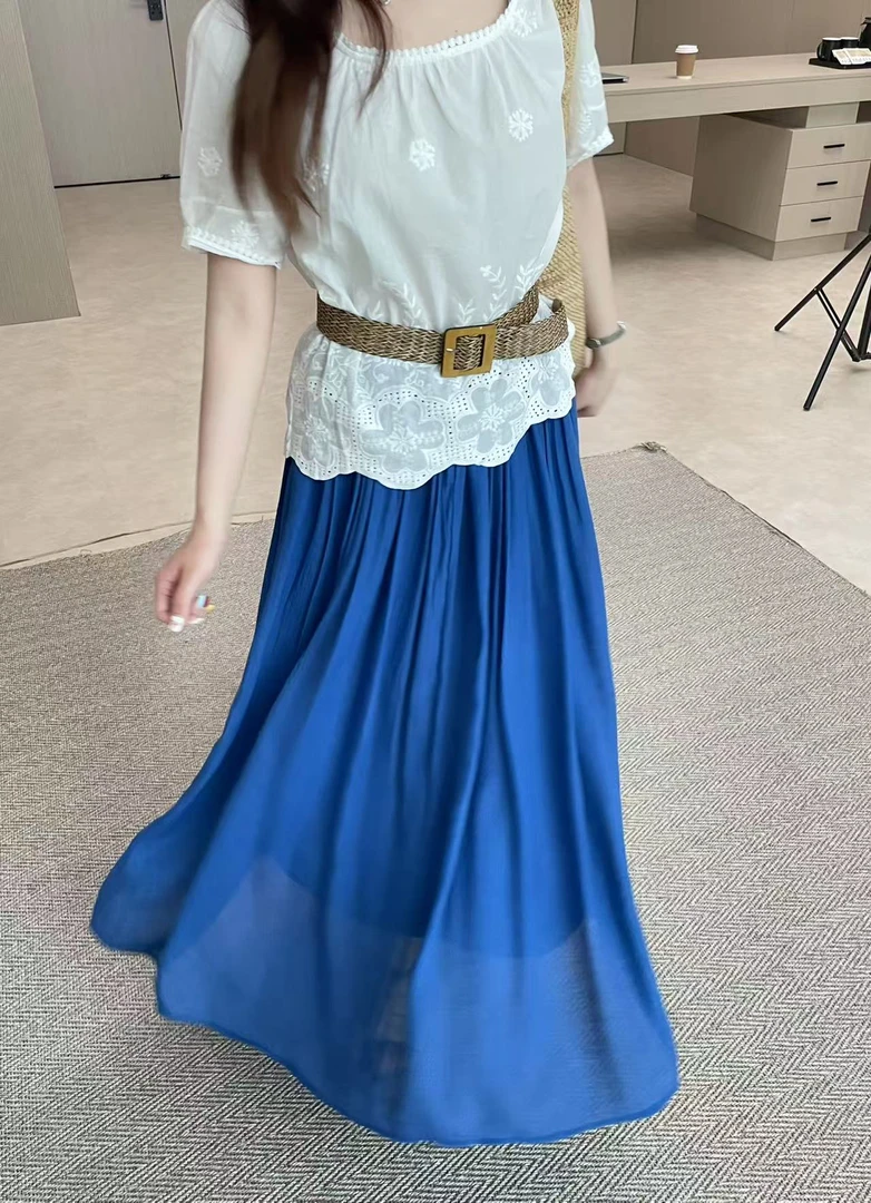 YPP！【风曳墨漪】简约纯色压褶高腰纯色A字半身裙女