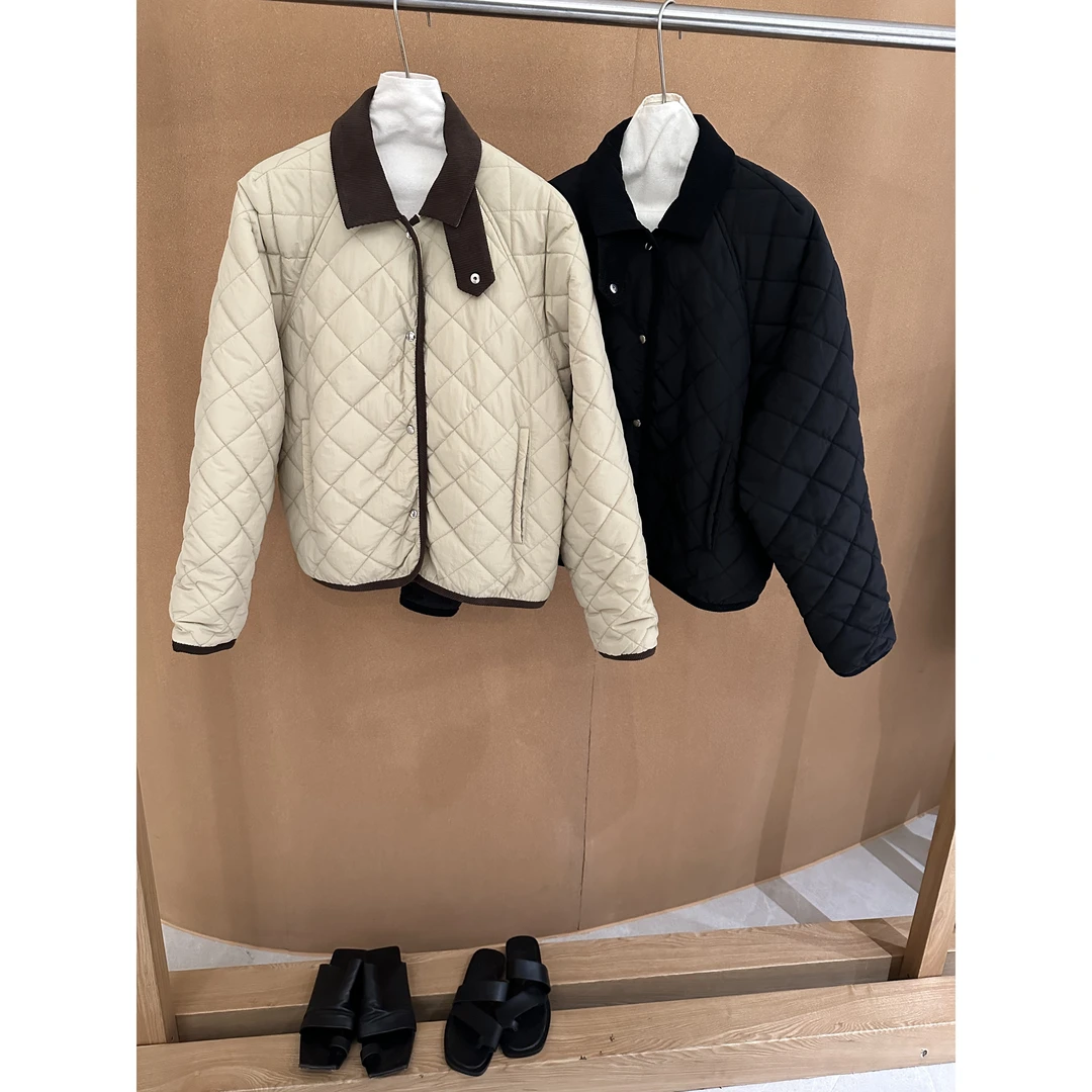 鑫燃KIKI 小众设计感菱形格领口撞色棉服 2481321 MHT