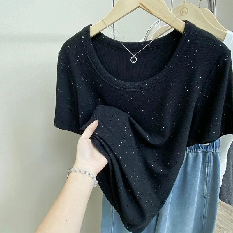 胖妹妹时尚大码女装亮片t恤女夏季短袖打底衫遮肚显瘦宽松上衣服