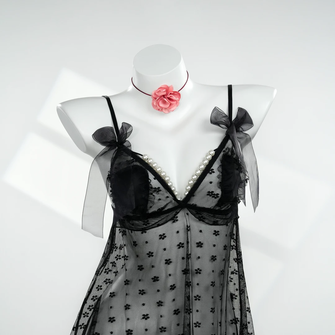 私心欲念【90-210斤】GR网纱蕾丝优雅轻奢吊带珍珠性感风睡裙 4814