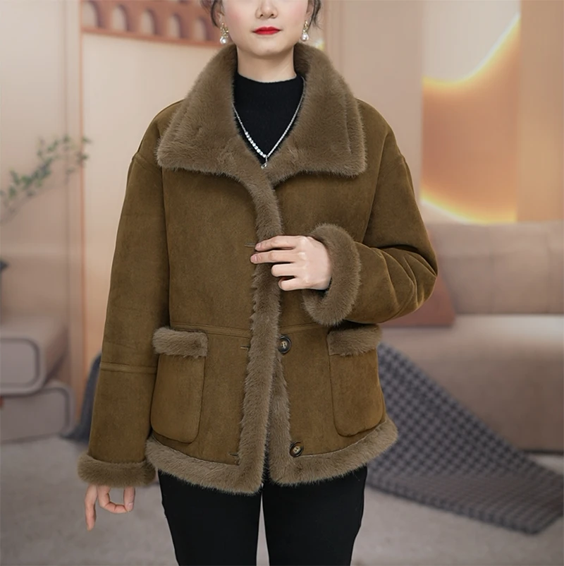 【衣品沫尔】新款海宁颗粒绒皮毛一体套女短款保暖时尚加厚冬季外套