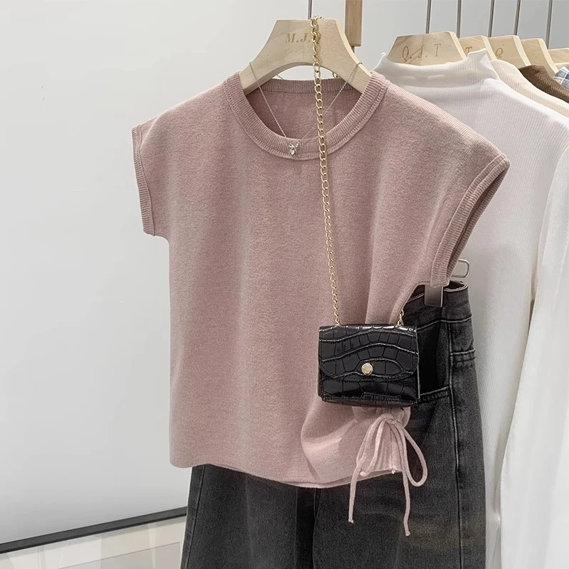韩版圆领侧边褶皱收腰上衣女2025夏季新款设计感小飞袖针织T恤衫