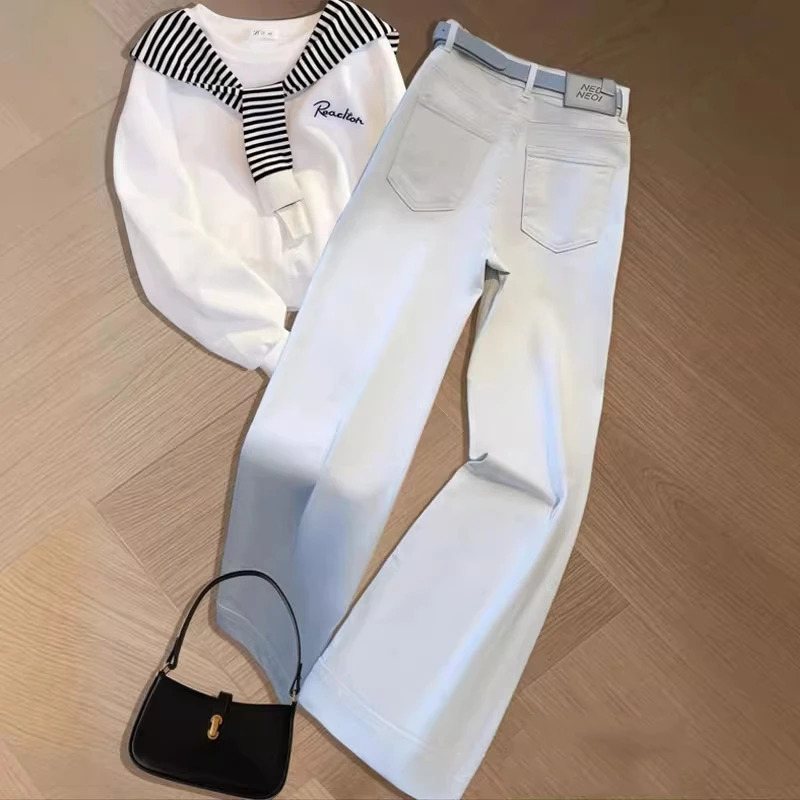 拉夏贝尔奶白灰高级牛仔裤女春秋2025年宽松慵懒感百搭显瘦直筒裤