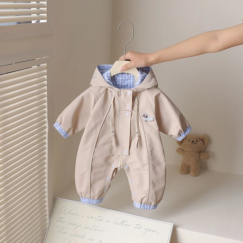 【浅蓝拼接】婴幼儿春秋款连体衣爬服哈衣春秋季宝宝格子外出冲锋衣