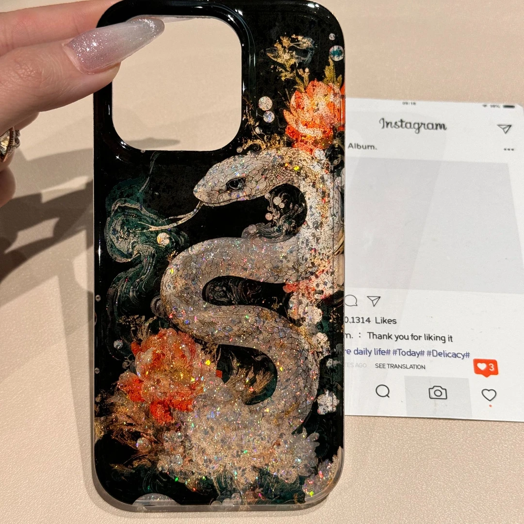 国潮荷花小蛇适用于iPhone16/15pro滴胶闪粉13手机壳苹果12套