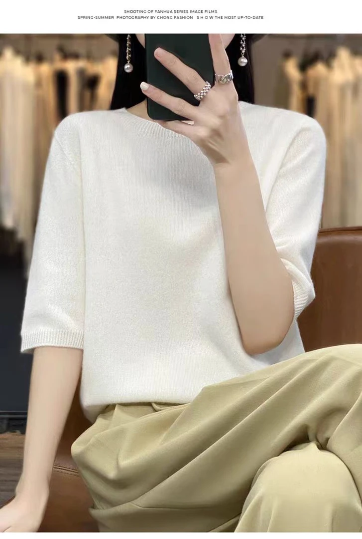 【100%纯羊毛衫】一线成衣女圆领五分袖无缝毛衣针织打底衫短袖爆