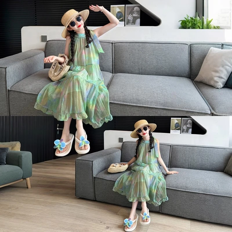 女童裙子高级感夏2025新款女孩大童夏季洋气挂脖吊带裙夏装连衣裙