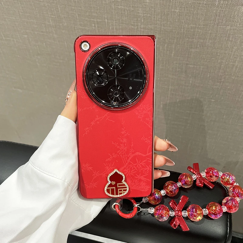 适用OPPOFindN3手机壳新年款红色松叶纹电镀素皮手提findn3保护壳