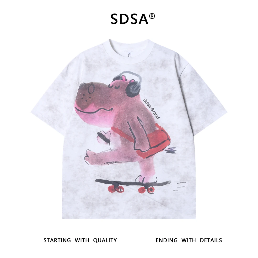 夏季高级感新款男士洒金趣味河马印花短袖T恤情侣圆领宽松上衣