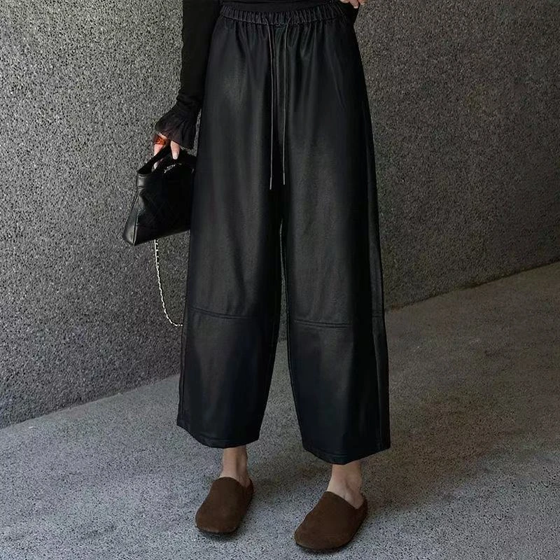 秋冬加绒大码女装宽松抽绳阔腿休闲裤梨形身材显瘦高腰九分裤皮裤