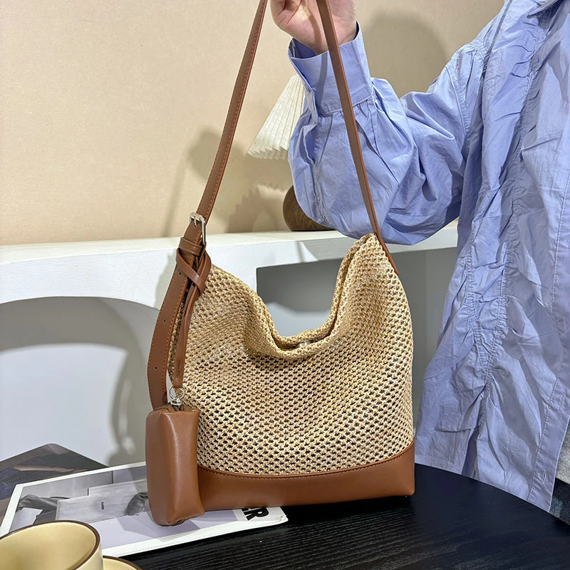 新款质感轻奢韩系复古草编大水桶时尚度假风单肩斜挎子母包女