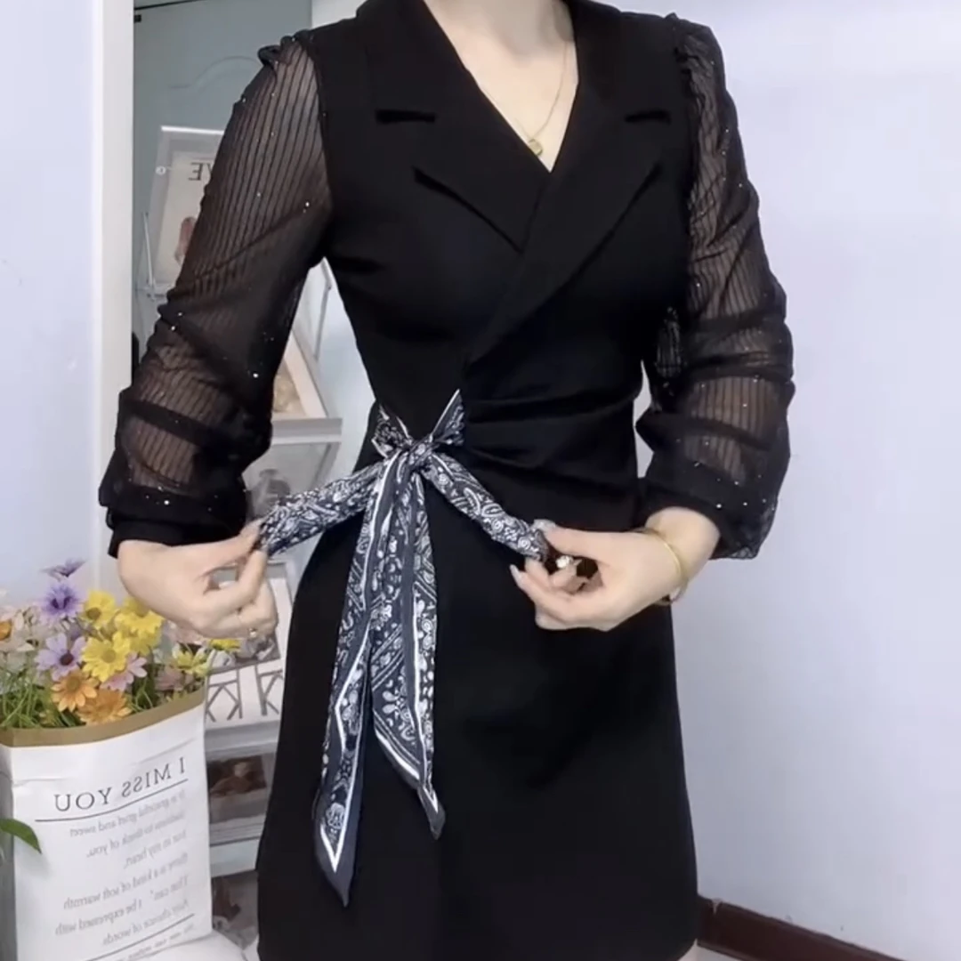 秋季新款西装领丝巾连衣裙