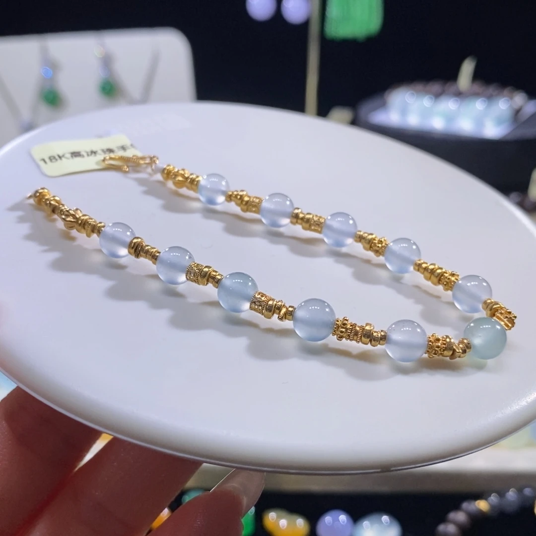 翡翠18K金镶嵌颈饰翡翠高冰珠珠手链