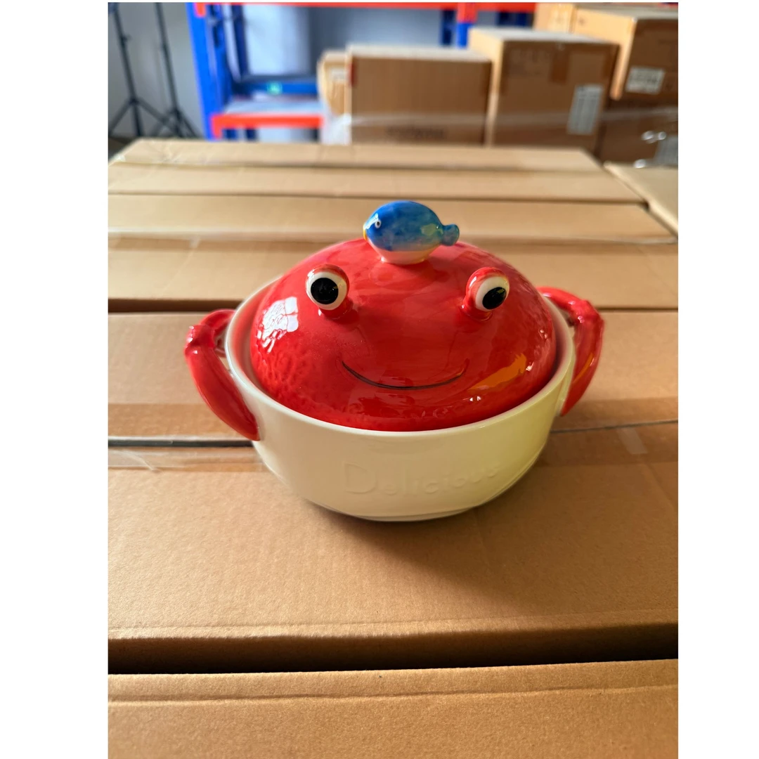 创意海洋餐具带盖陶瓷泡面碗手机支架双耳泡面 颜色规格随机 KS