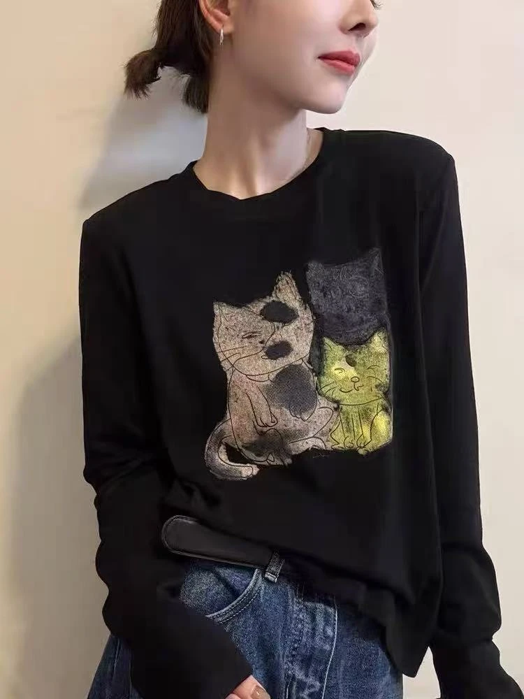 那简家【现货】822秋季韩版猫咪印图圆领长袖T恤上衣