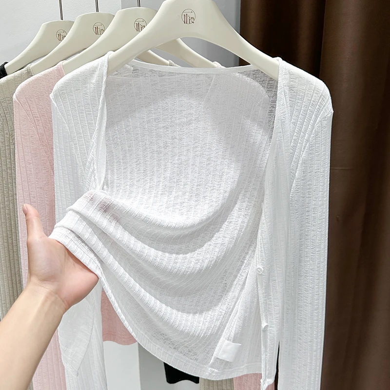 白色简约宽松短款外套女薄款百搭圆领长袖开衫夏季防晒吊带裙披肩