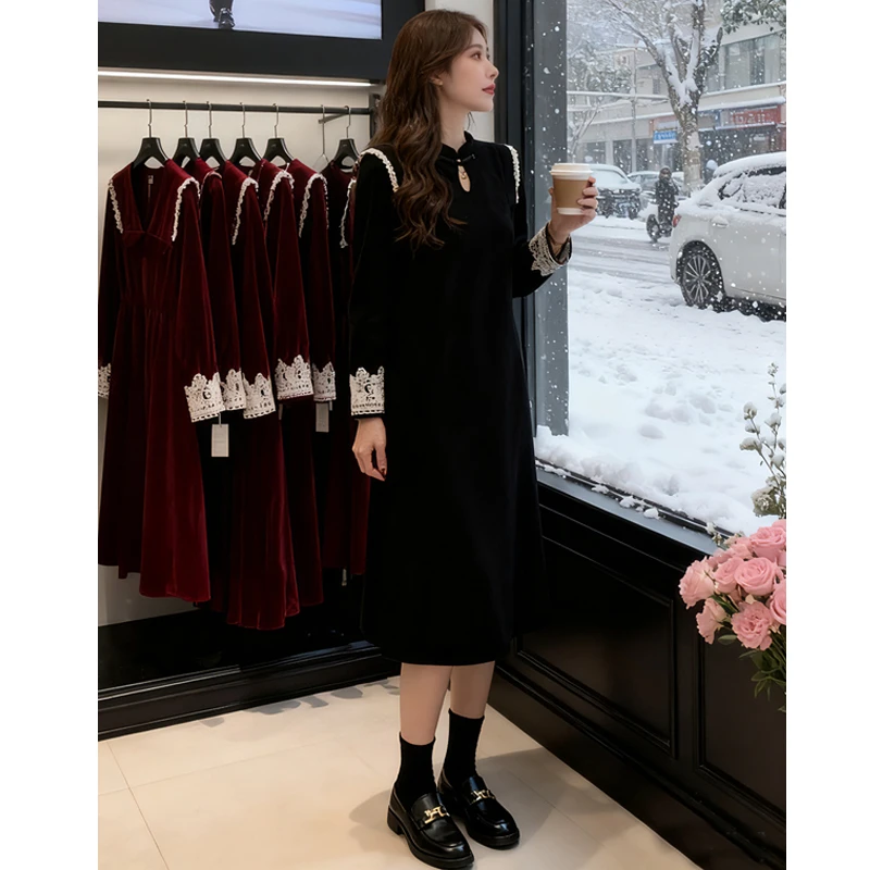 【现货】冬装新款复古国风新中式花边拼接气质连衣裙配大衣打底裙