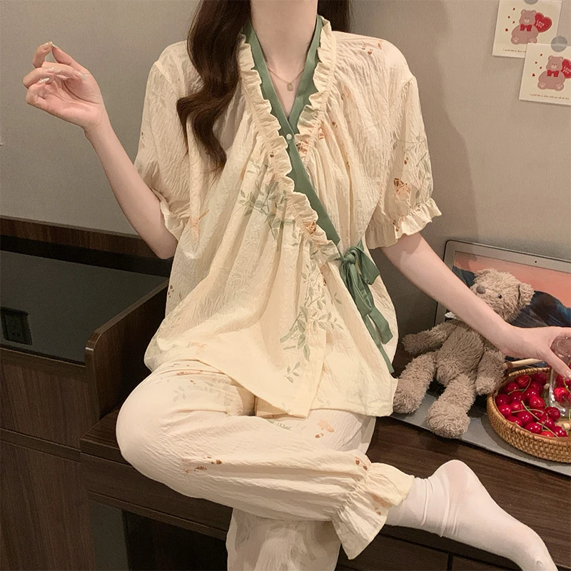 夏季睡衣女款爆款2025新款高颜值可外穿短袖长裤新中式家居服套装