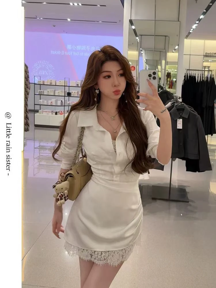 大码微胖mm2025新款法式蕾丝拼接缎面收腰衬衫包臀裙女时尚连衣裙