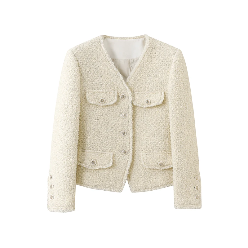 鹅绒服-【白雪公主】粗花呢白色轻奢短款名媛洋气高端羊毛外套7099