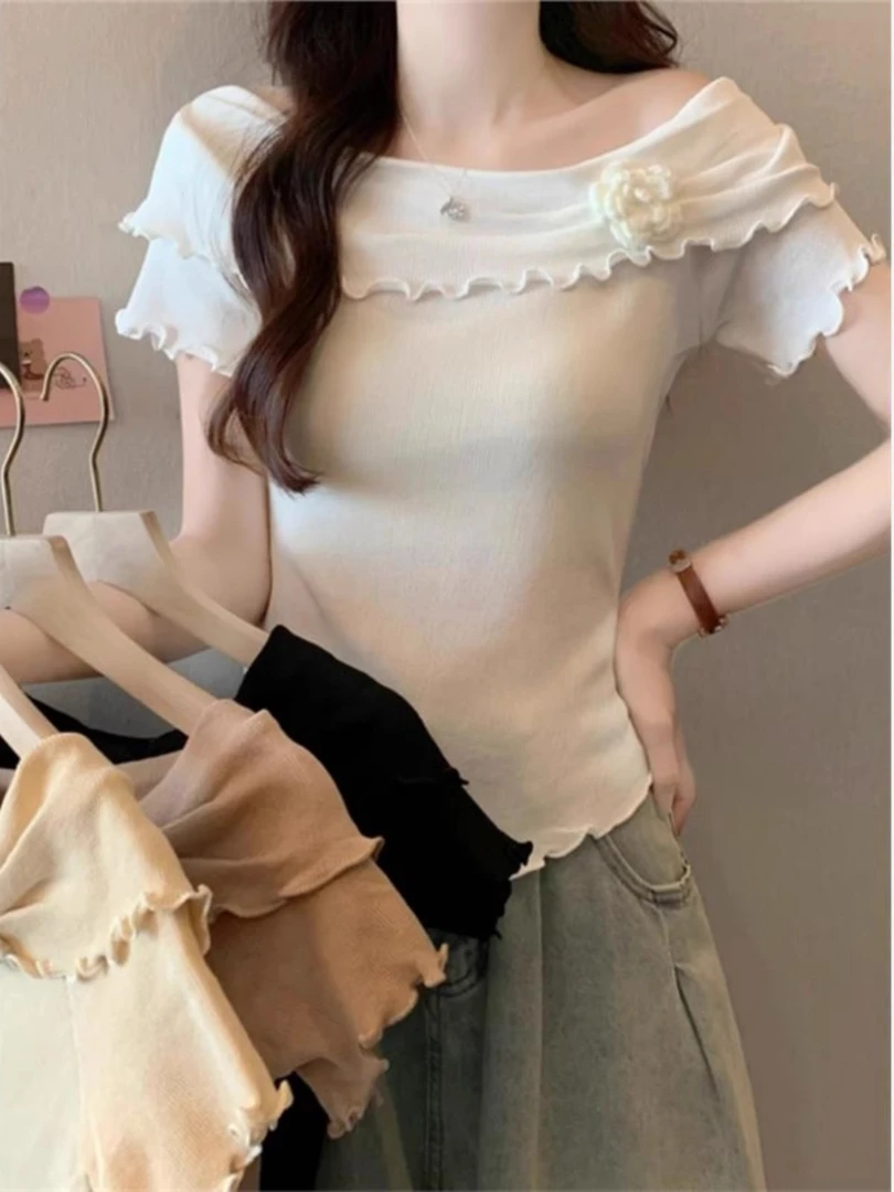 甜辣妹纯欲风木耳边一字肩短袖针织t恤女不规则修身显瘦上衣I2-30